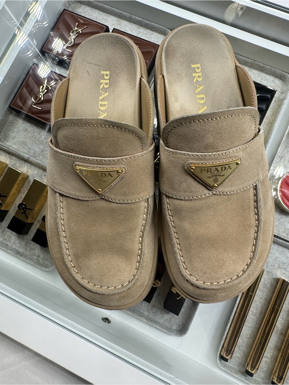 Prada Taupe Suede Slip-On Loafer Mule with Gold Triangle Logo - Picture 2 of 6